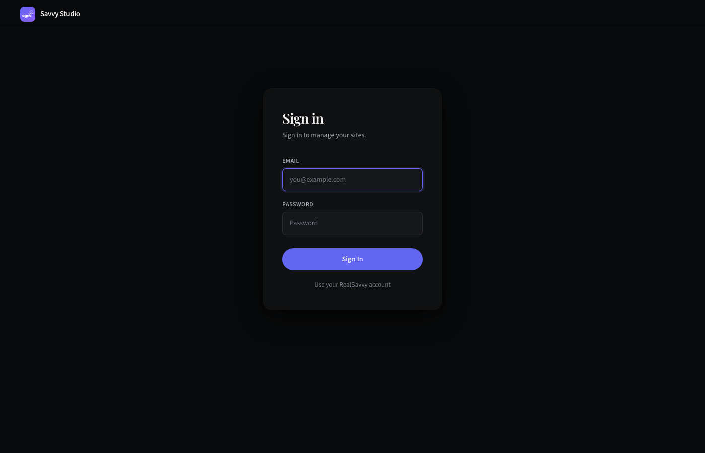 Studio login screen with email and password fields