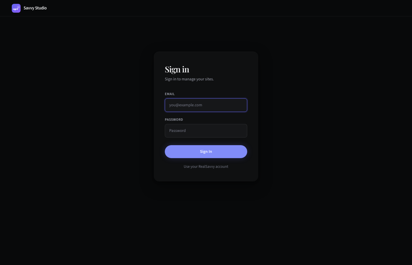 Studio editor with left sidebar, center preview, and top header
